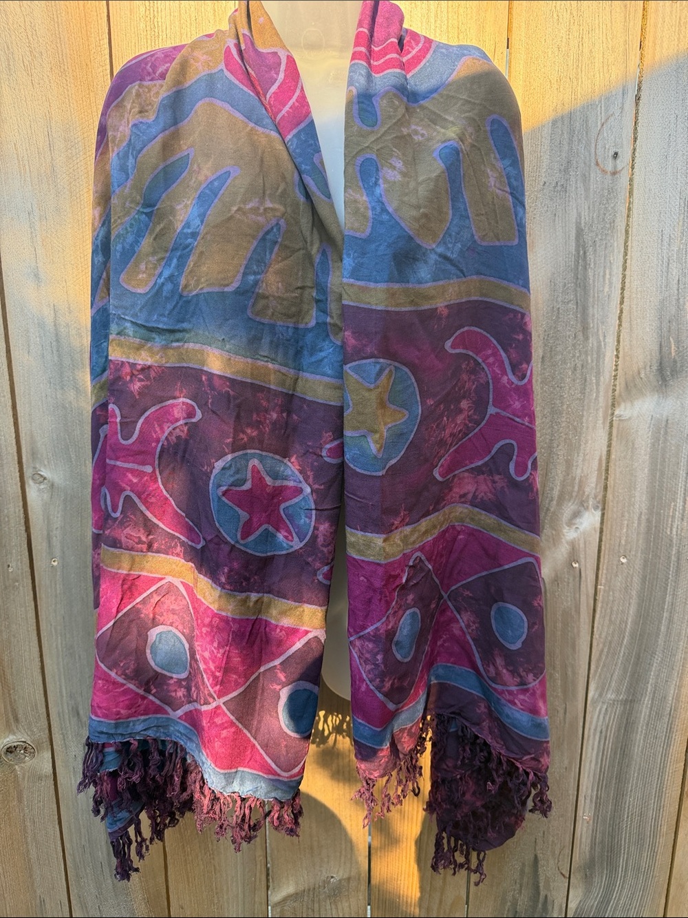 VTG Batik Sarong Wrap Scarf Large Celestial Sun Fish Purple Boho Festival